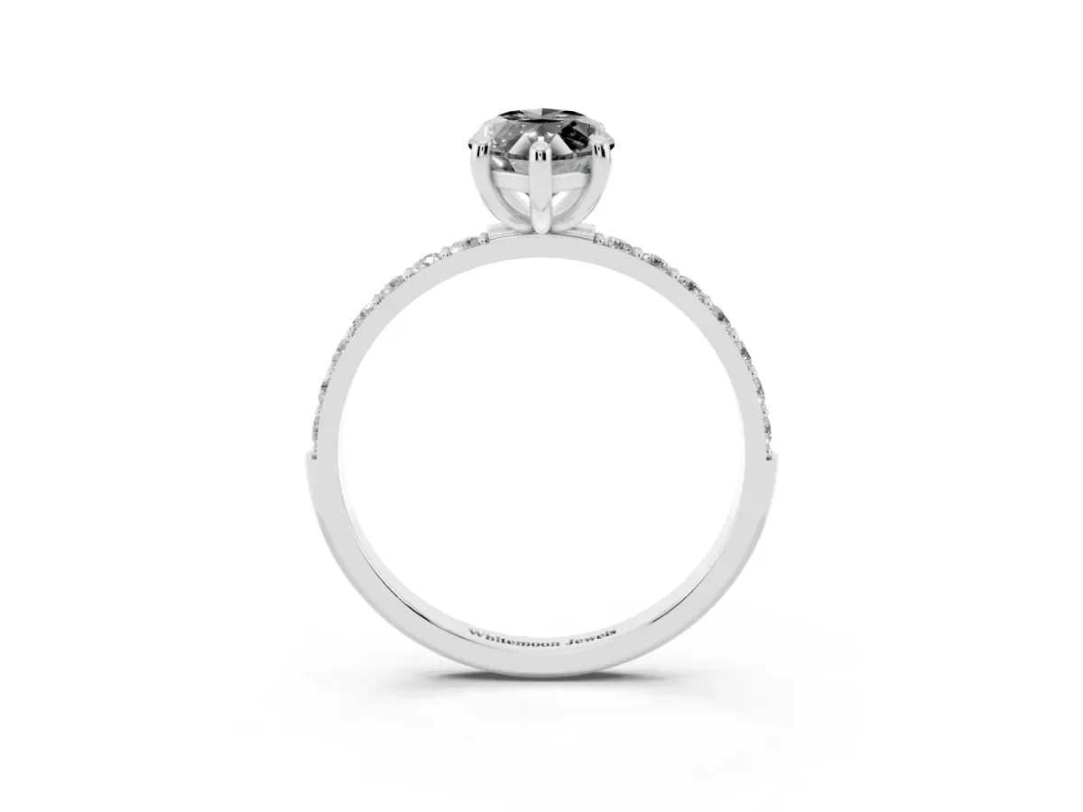 Fancy Black Marquise Cut Diamond Solitaire Ring with Round Pavé Band and Prong Setting Silver