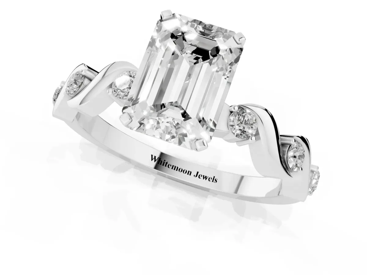 Emerald Cut Diamond Solitaire Twisted Band with Round Accents and Prong Setting Silver