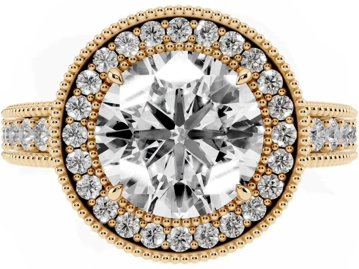 Round Cut Cut Halo Diamond Ring with Pavé Band and Four-Prong Setting Yellow gold