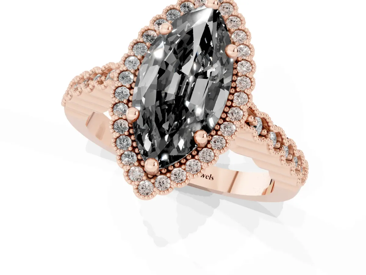 Fancy Black Marquise Cut Cut Halo Pavé Solitaire Ring with Milgrain Band Rose gold