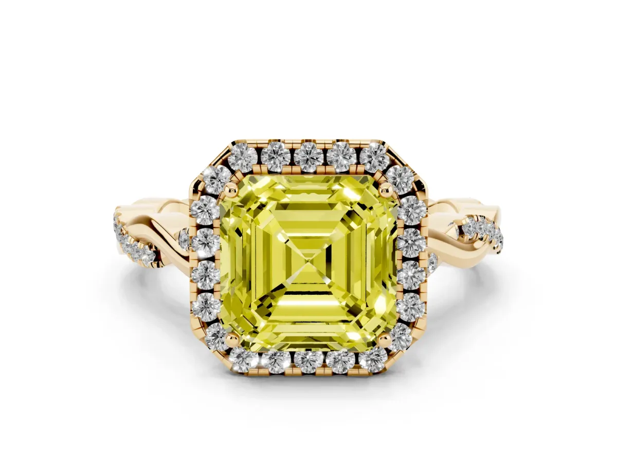 Fancy Yellow Asscher Cut Halo Twist Band Solitaire Ring Yellow gold