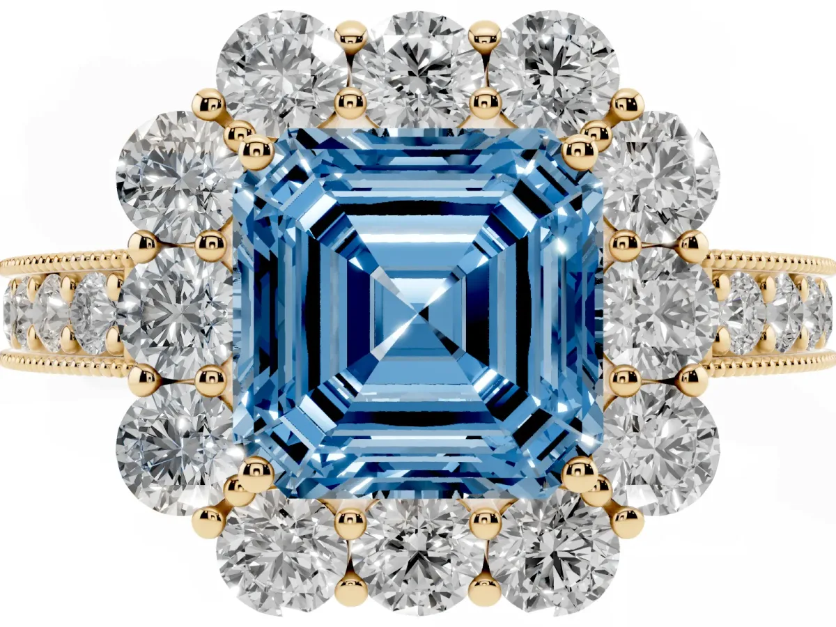 Fancy Blue Asscher Cut Cut Halo Diamond Pavé Engagement Ring with Milgrain Detailing Yellow gold