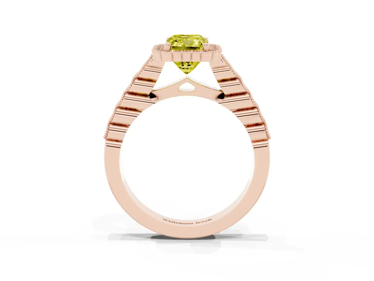 Fancy Yellow Radiant Cut Cut Halo Pavé Solitaire Ring with Milgrain Band Rose gold