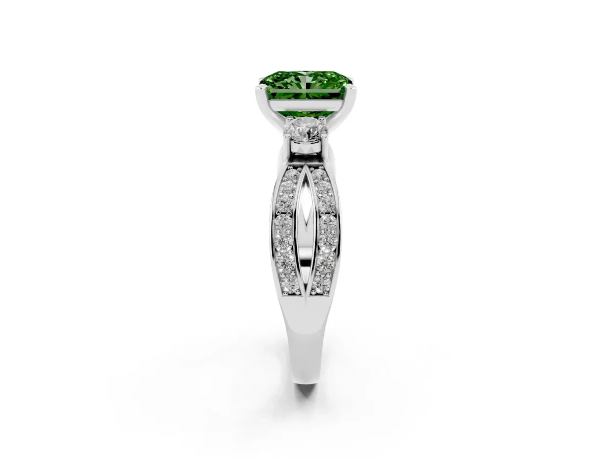 Fancy Green Three-Stone Radiant Cut Cut Diamond Twist Band with Prong Setting Silver
