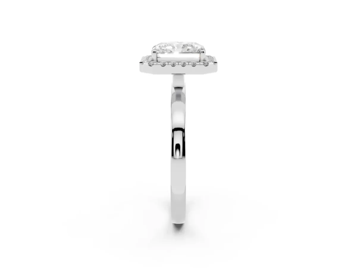 Radiant Cut Halo Diamond Solitaire with Pavé Band and Four-Prong Setting Silver