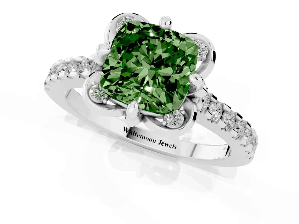 Fancy Green Cushion Cut Diamond Ring with Pavé Band and Floral Prong Setting Platinum