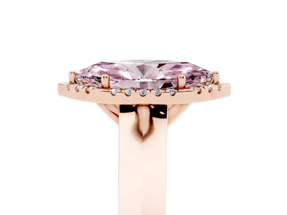 Fancy Pink Marquise Cut Halo Diamond Ring with Cathedral Band and Four-Prong Setting Rose gold