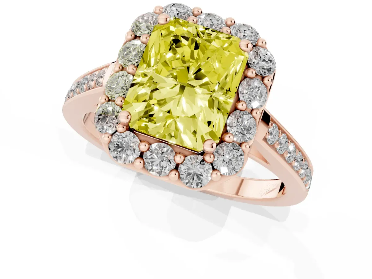 Fancy Yellow Radiant Cut Diamond Floral Halo Ring with Pavé Band and Prong Setting Rose gold
