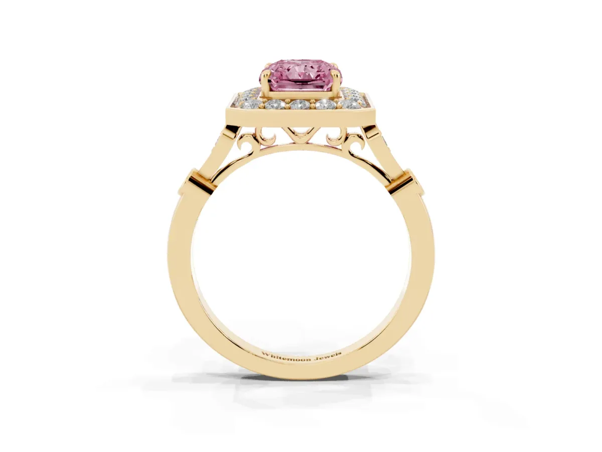 Fancy Pink Radiant Cut Halo Diamond Engagement Ring with Twisted Band and Four-Prong Setting Yellow gold