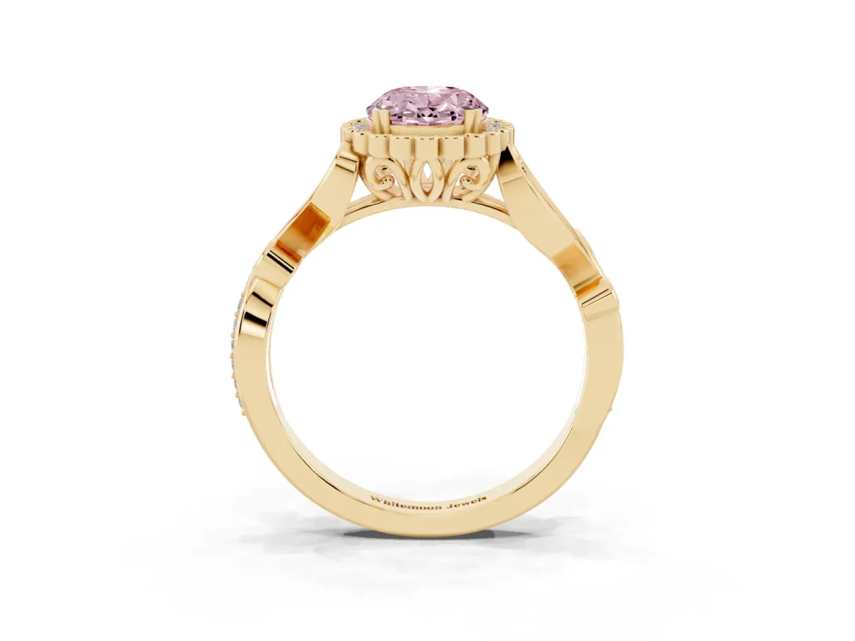 Fancy Pink Oval Cut Diamond Halo Ring with Vintage Split Shank and Four-Prong Setting Yellow gold