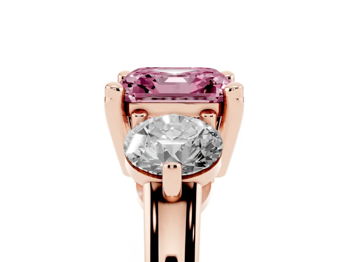Fancy Pink Three-Stone Asscher Cut Brilliant Cut Solitaire Ring with Prong Setting on a Classic Band Rose gold