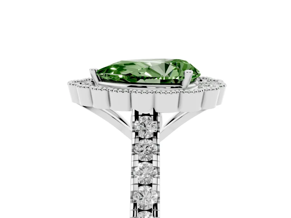 Fancy Green Pear Cut Cut Diamond Milgrain Floral Halo Engagement Ring with Pavé Band Platinum