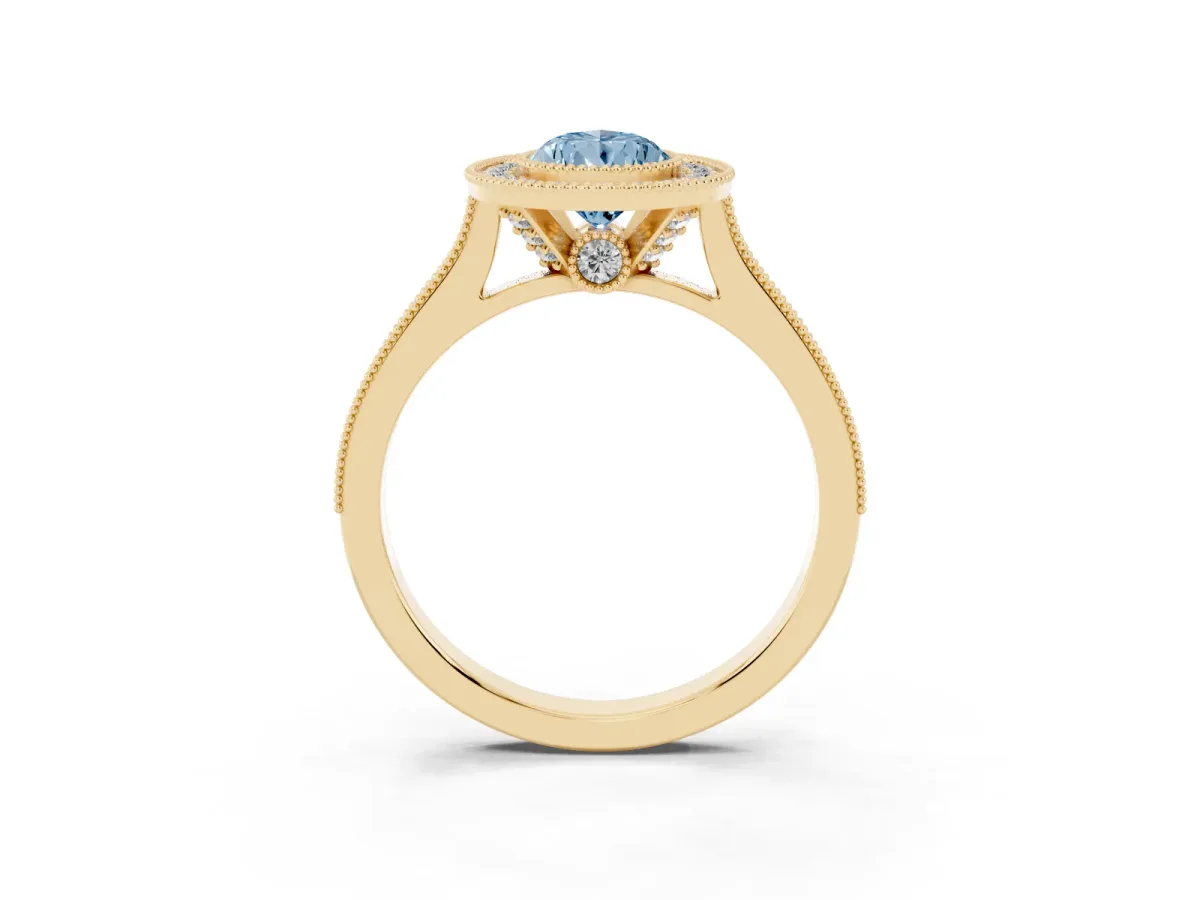 Fancy Blue Halo Pear Cut-Cut Diamond Pave Band Milgrain Prong Setting Ring Yellow gold