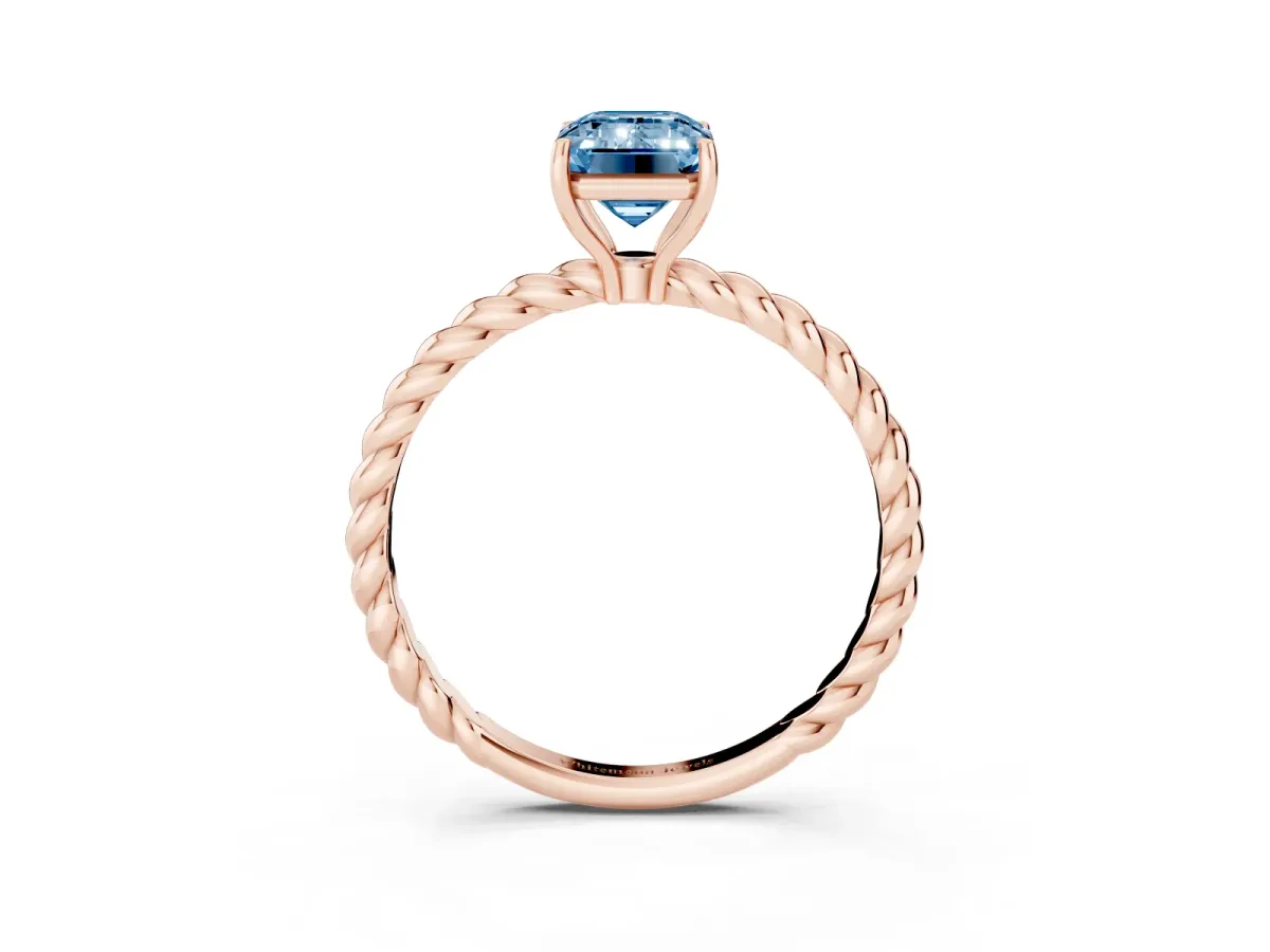 Fancy Blue Emerald Cut Solitaire Twist Band Ring with Four-Prong Setting Rose gold