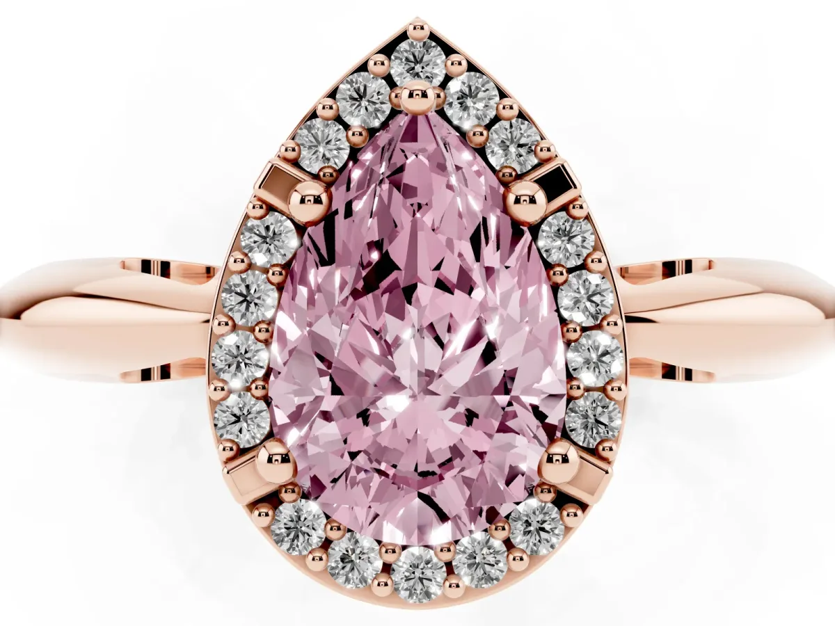 Fancy Pink Pear Cut Cut Diamond Halo Engagement Ring with Split Shank and Four-Prong Setting Rose gold