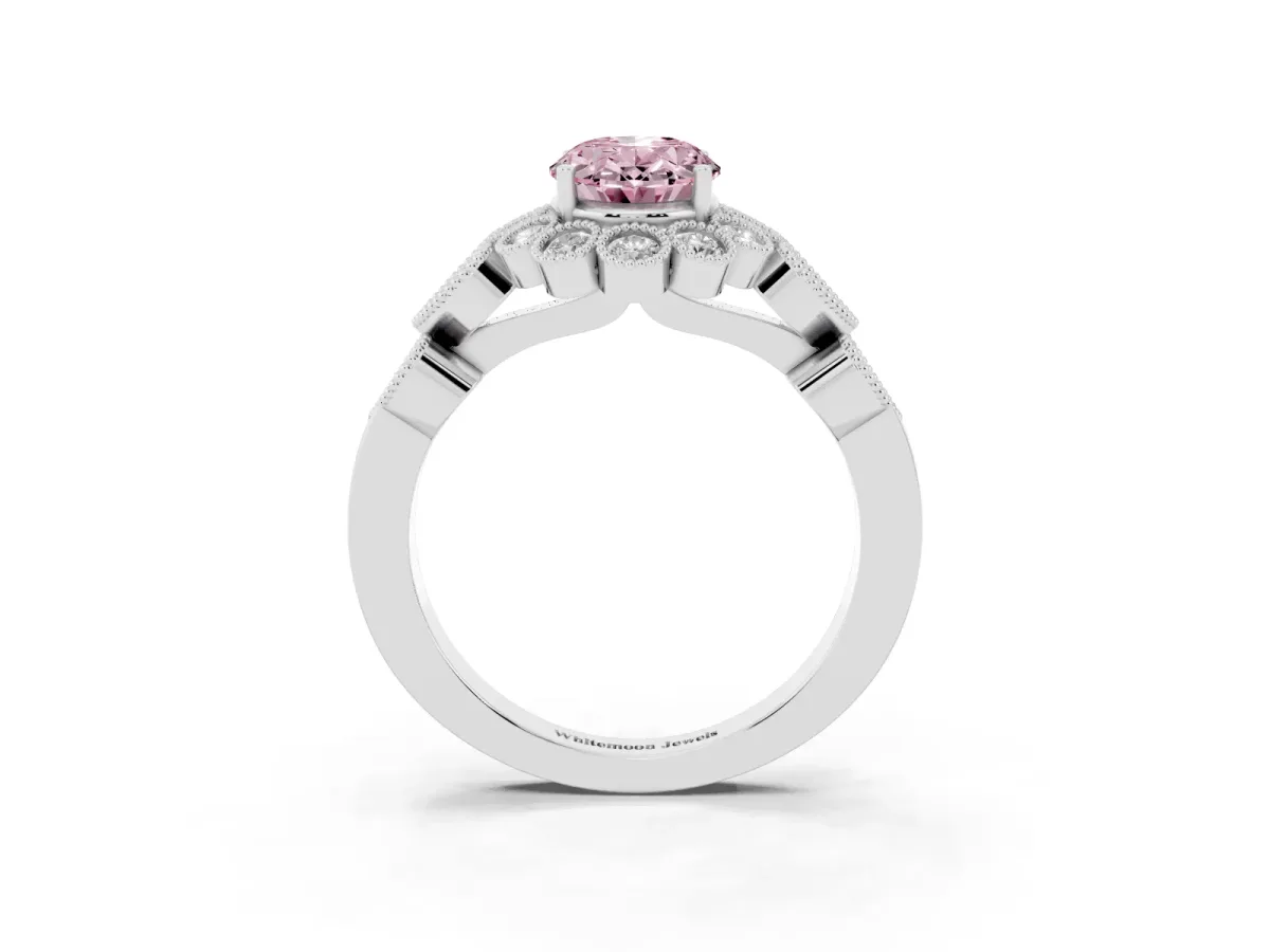 Fancy Pink Oval Cut Brilliant Milgrain Pave Heart Band Solitaire Ring Platinum
