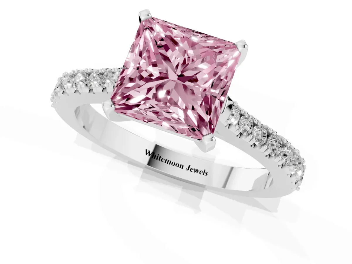 Fancy Pink Princess Cut Cut Solitaire Diamond Engagement Ring with Pave Band and Four-Prong Setting White gold
