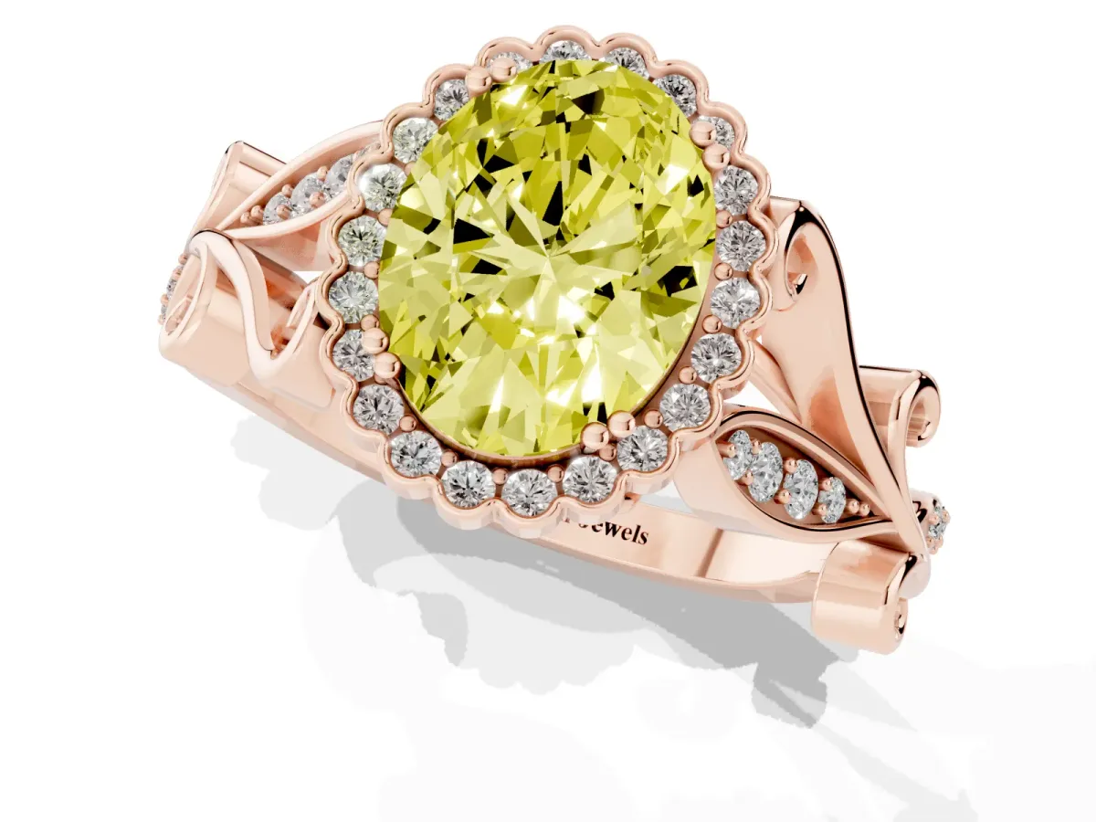 Fancy Yellow Oval Cut Diamond Halo Ring with Vintage Split Shank and Four-Prong Setting Rose gold