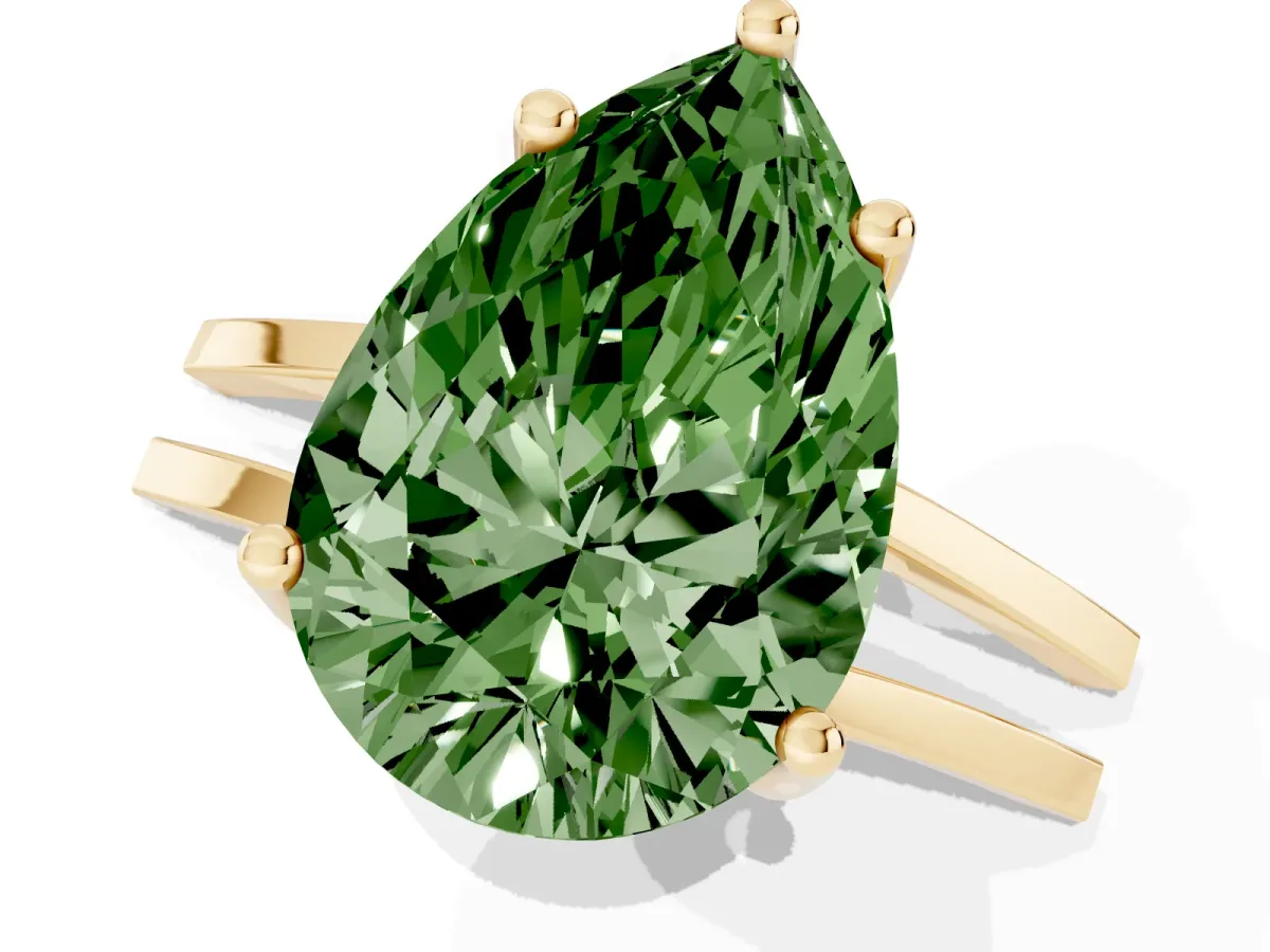 Fancy Green Pear Cut Cut Diamond Solitaire Engagement Ring with Tapered Plain Band and Four-Prong Setting Yellow gold