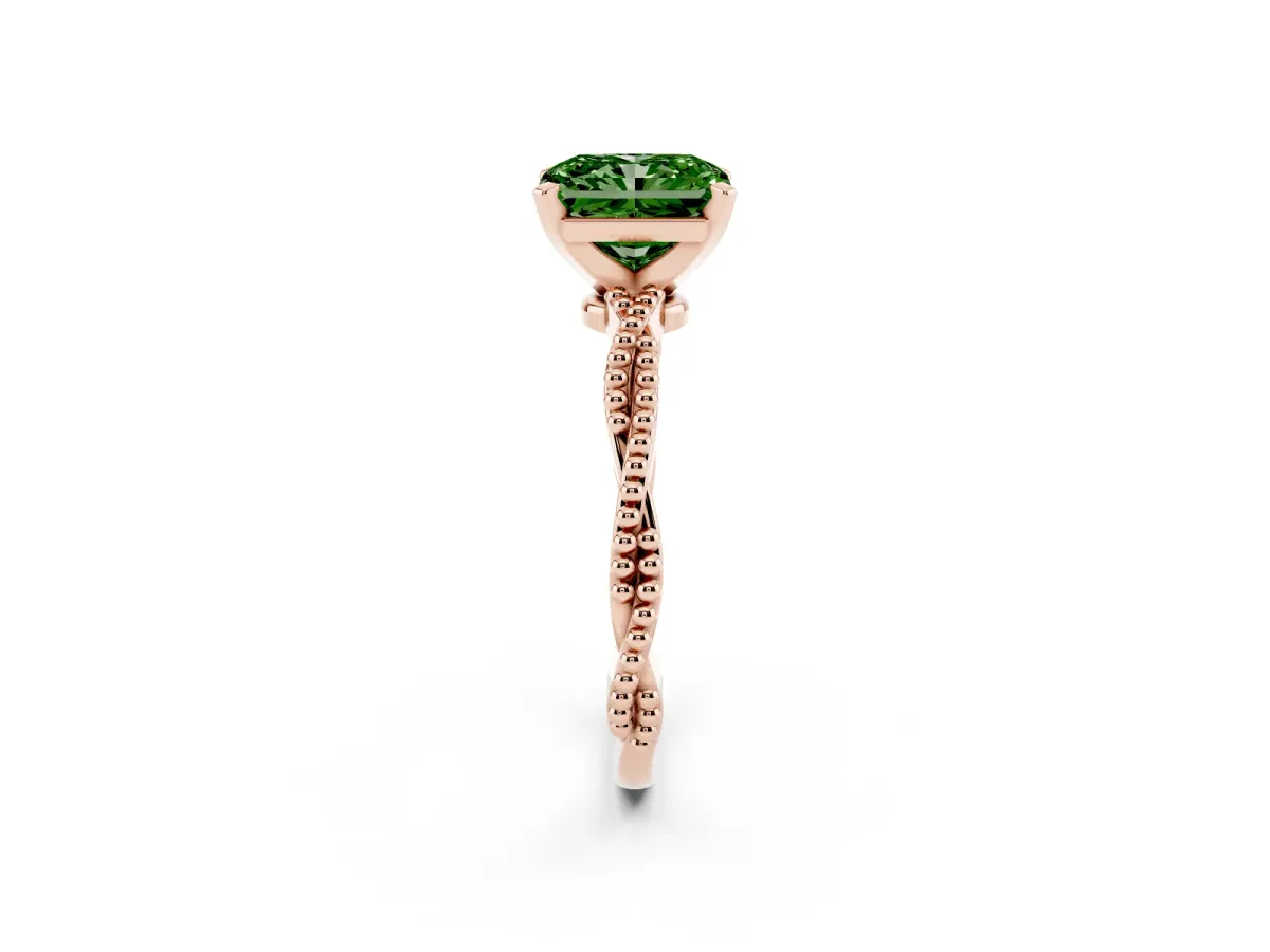 Fancy Green Radiant Cut Solitaire Twisted Band with Bead Prong Setting Rose gold