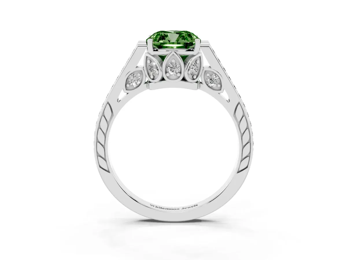 Fancy Green Cushion Cut Cut Cathedral Pave Diamond Engagement Ring with Six-Prong Setting Silver