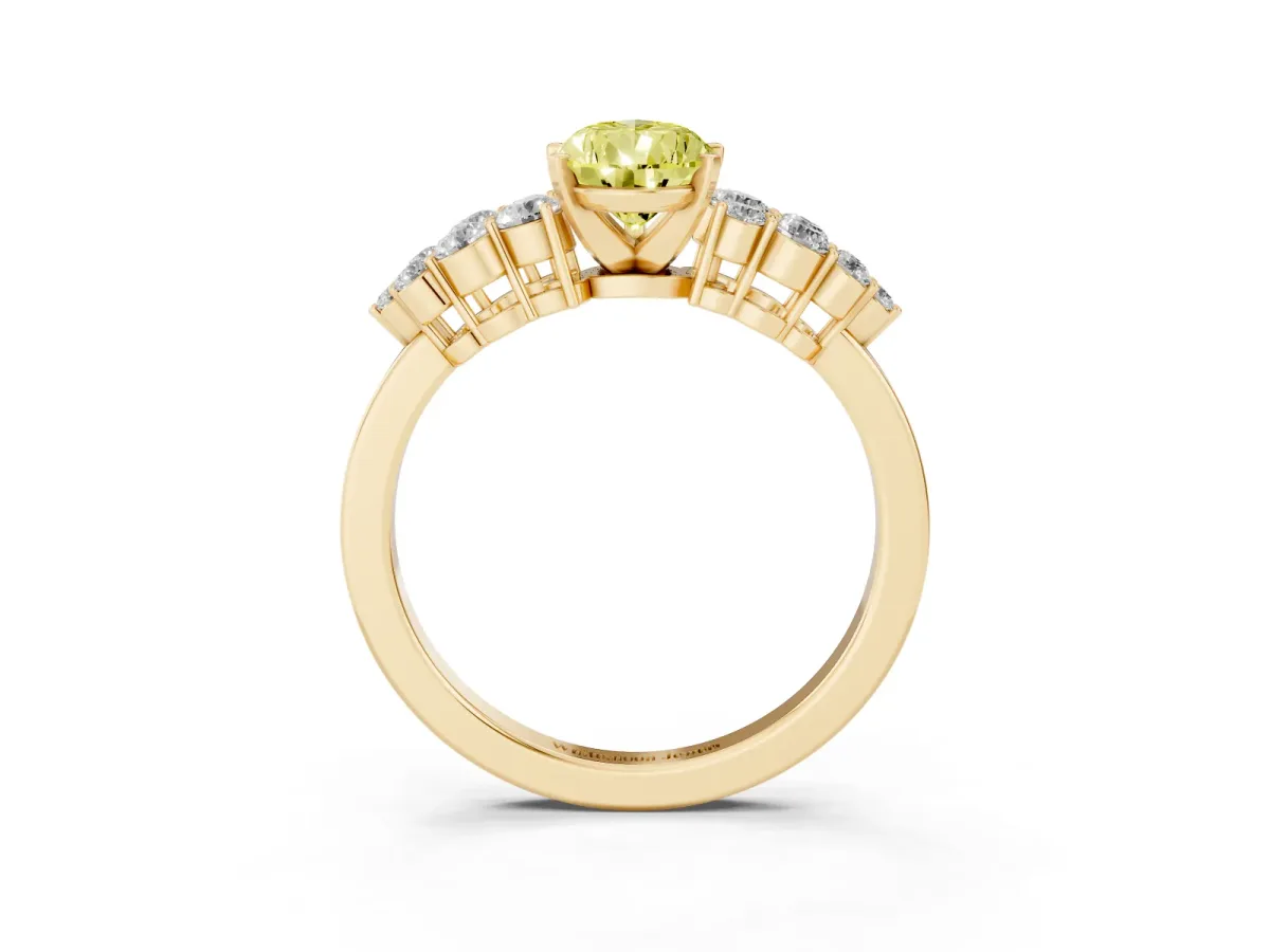 Fancy Yellow Pear Cut Cluster Diamond Engagement Ring with Pavé Band and Four-Prong Setting Yellow gold