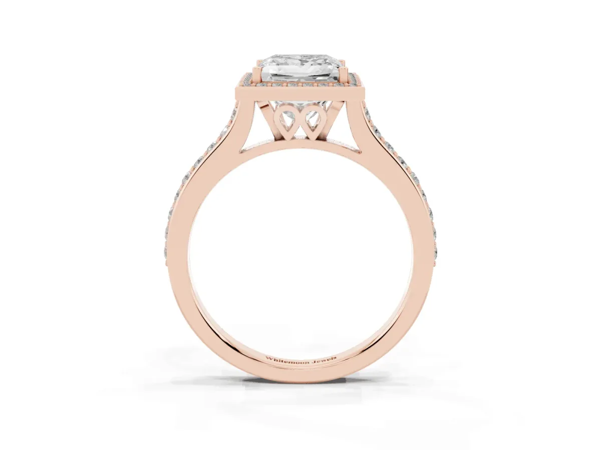 Princess Cut Diamond Halo Engagement Ring with Round Pavé Shoulders and Prong Setting Rose gold