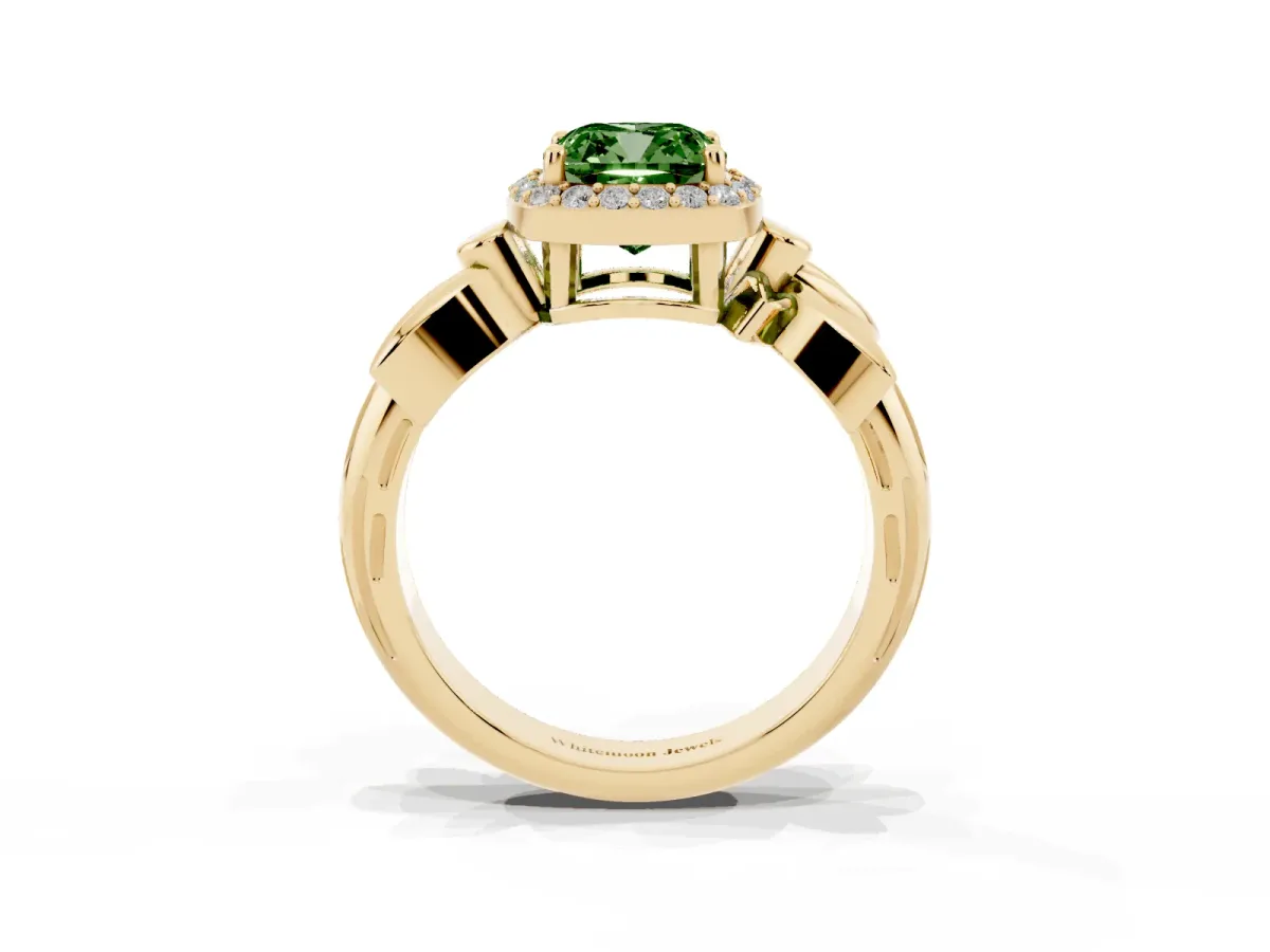 Fancy Green Cushion Cut Halo Diamond Floral Band with Four-Prong Setting Yellow gold