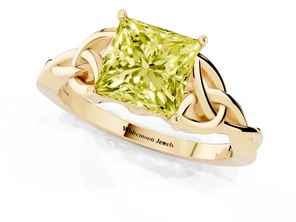 Fancy Yellow Princess Cut Diamond Solitaire Engagement Ring with Celtic Knot Band and Four-Prong Setting Yellow gold