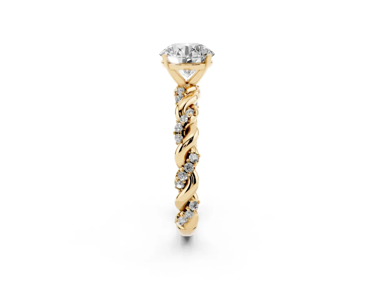 Round Cut Diamond Solitaire Ring with Twisted Band and Pavé Accents Yellow gold