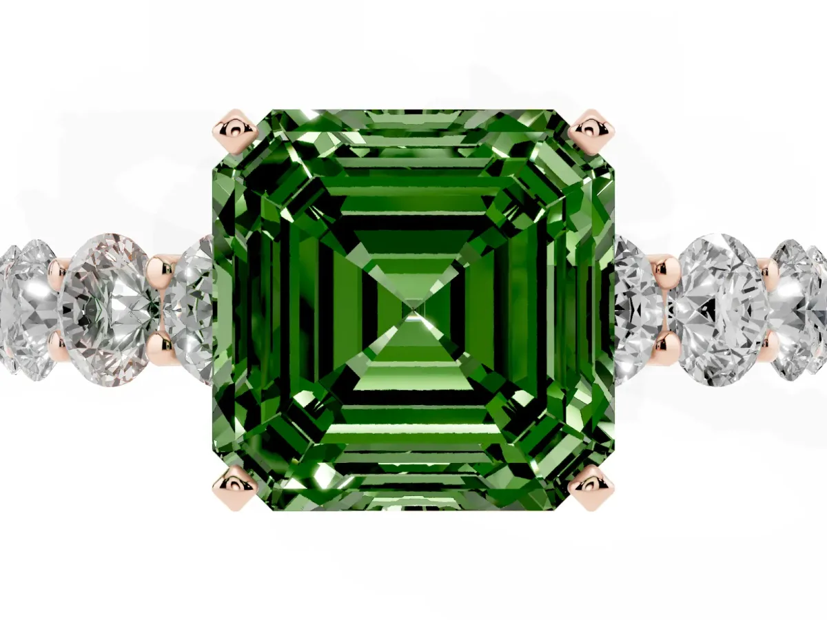 Fancy Green Asscher Cut Diamond Prong Setting with Side Stones on a Pave Band Rose gold