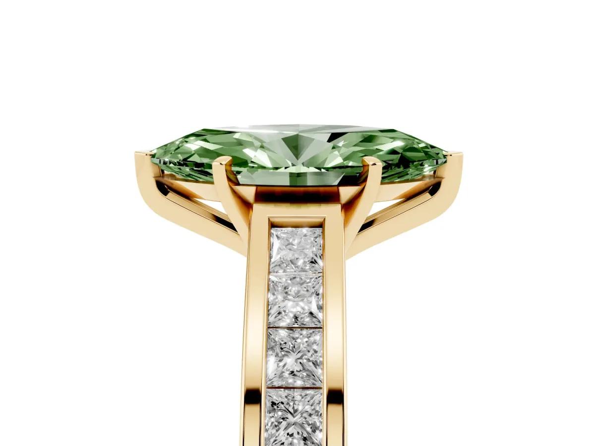Fancy Green Marquise Cut Solitaire Diamond Ring with Channel-Set Band and Four-Prong Setting Yellow gold