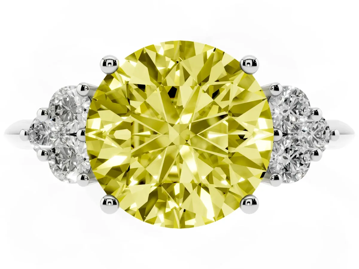Fancy Yellow Round Cut Cut Diamond Cluster Ring with Solitaire Band and Four-Prong Setting Silver