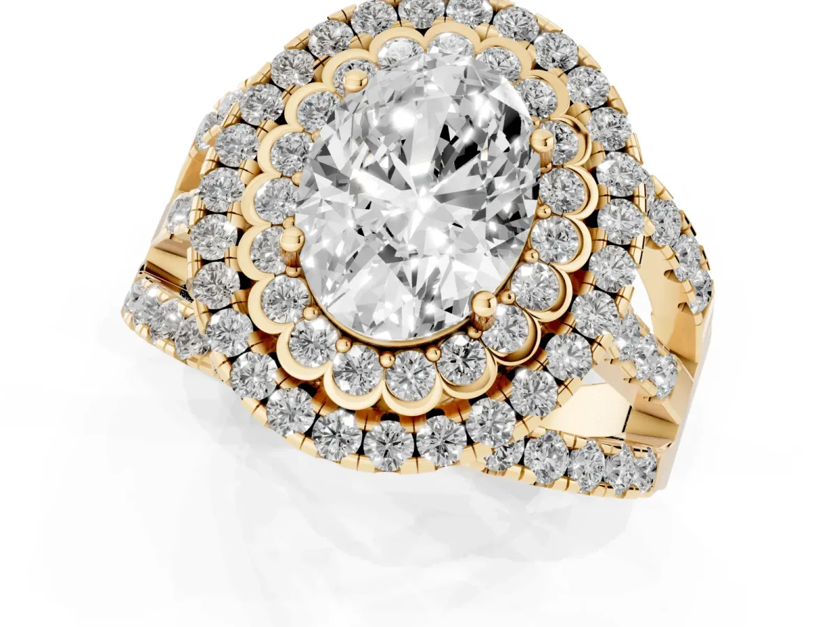 Oval Cut Diamond Double Halo Ring with Round Pavé Split Shank and Prong Setting Yellow gold