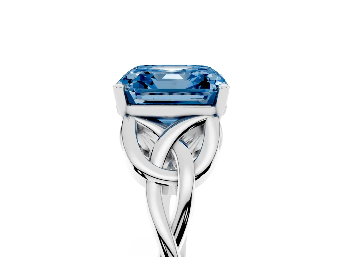 Fancy Blue Asscher Cut Diamond Solitaire Engagement Ring with Celtic Knot Band and Four-Prong Setting Silver