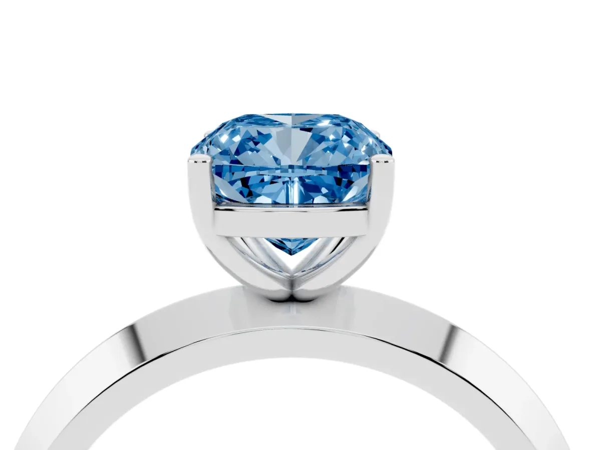 Fancy Blue Cushion Cut Cut Solitaire Engagement Ring with Flat Band and Four-Prong Setting Silver