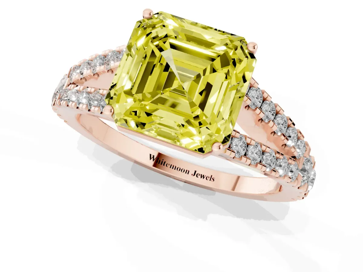 Fancy Yellow Asscher Cut Diamond Split Shank Engagement Ring with Round Pavé and Prong Setting Rose gold