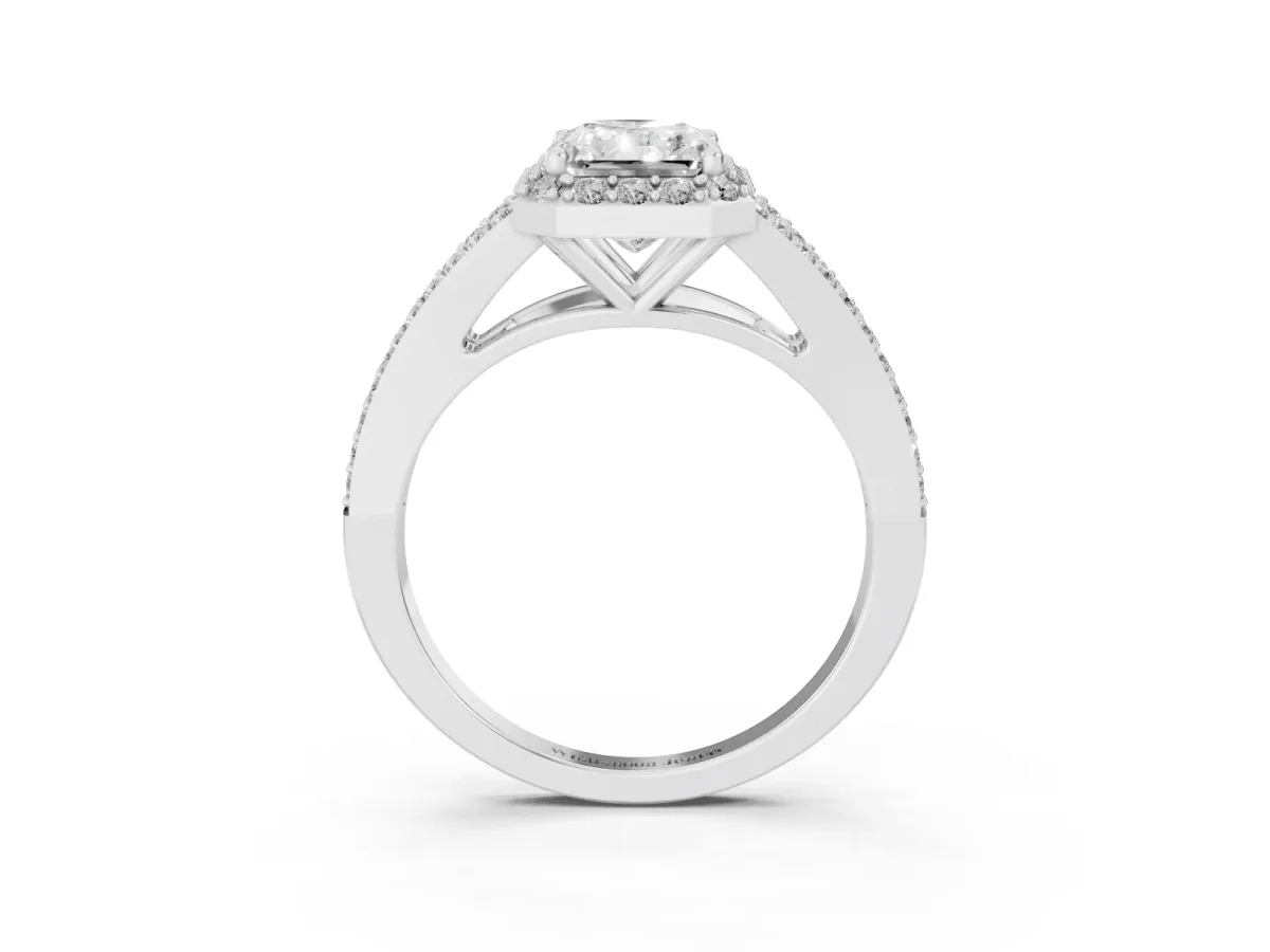 Radiant Cut Halo Split Shank Pave Diamond Ring with Four-Prong Setting Platinum