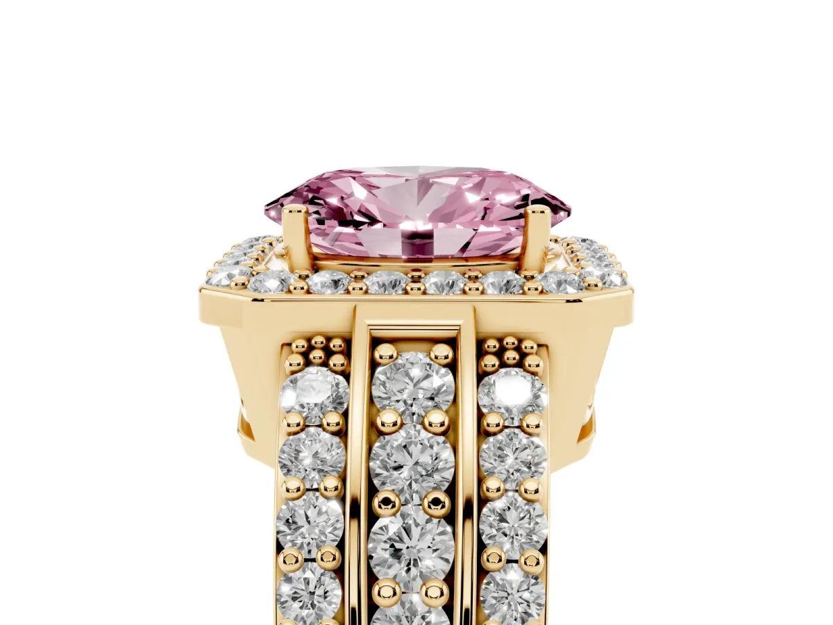Fancy Pink Oval Cut Halo Diamond Ring with Round Split Shank and Prong Setting Yellow gold