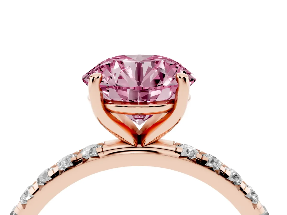 Fancy Pink Round Cut Cut Diamond Solitaire Ring with Micro Pave Band and Four Prong Setting Rose gold
