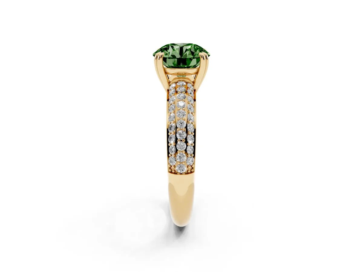 Fancy Green Round Cut Diamond Solitaire Ring with Multi-Row Round Pavé Band and Prong Setting Yellow gold