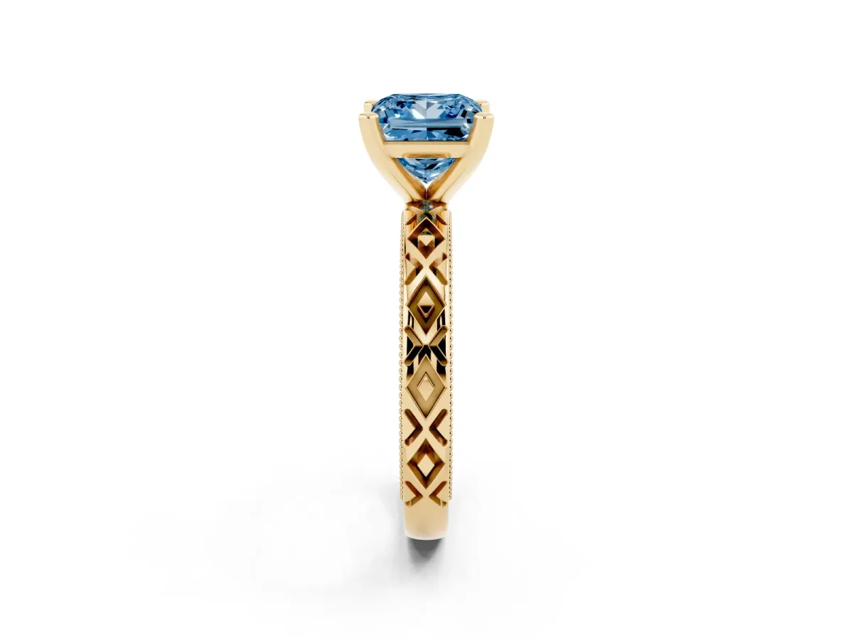 Fancy Blue Princess Cut Solitaire Diamond Ring with Milgrain and Black Enamel X Pattern Band Yellow gold