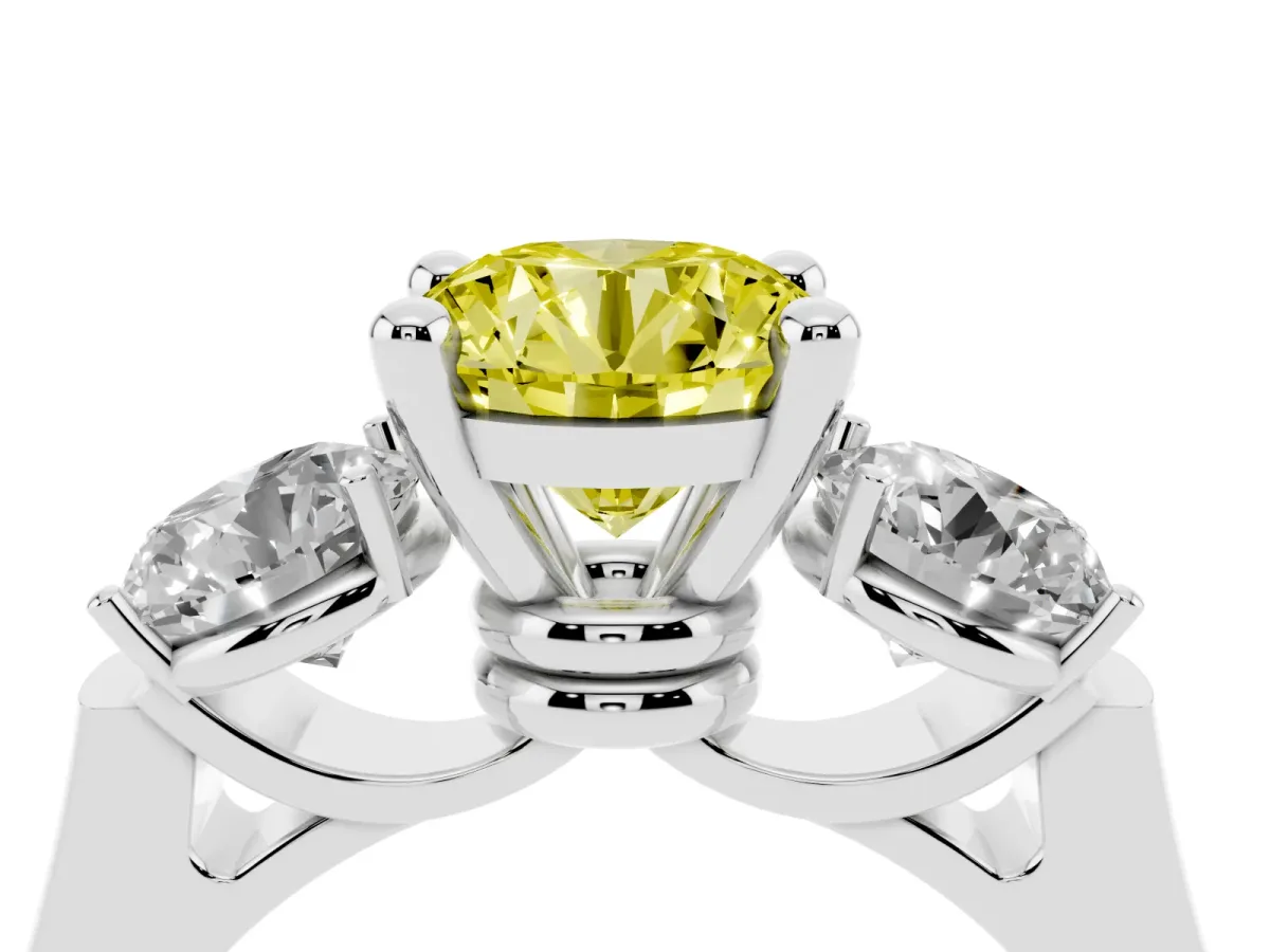Fancy Yellow Three-Stone Round Cut Brilliant Diamond Trellis Ring with Comfort Fit Band White gold