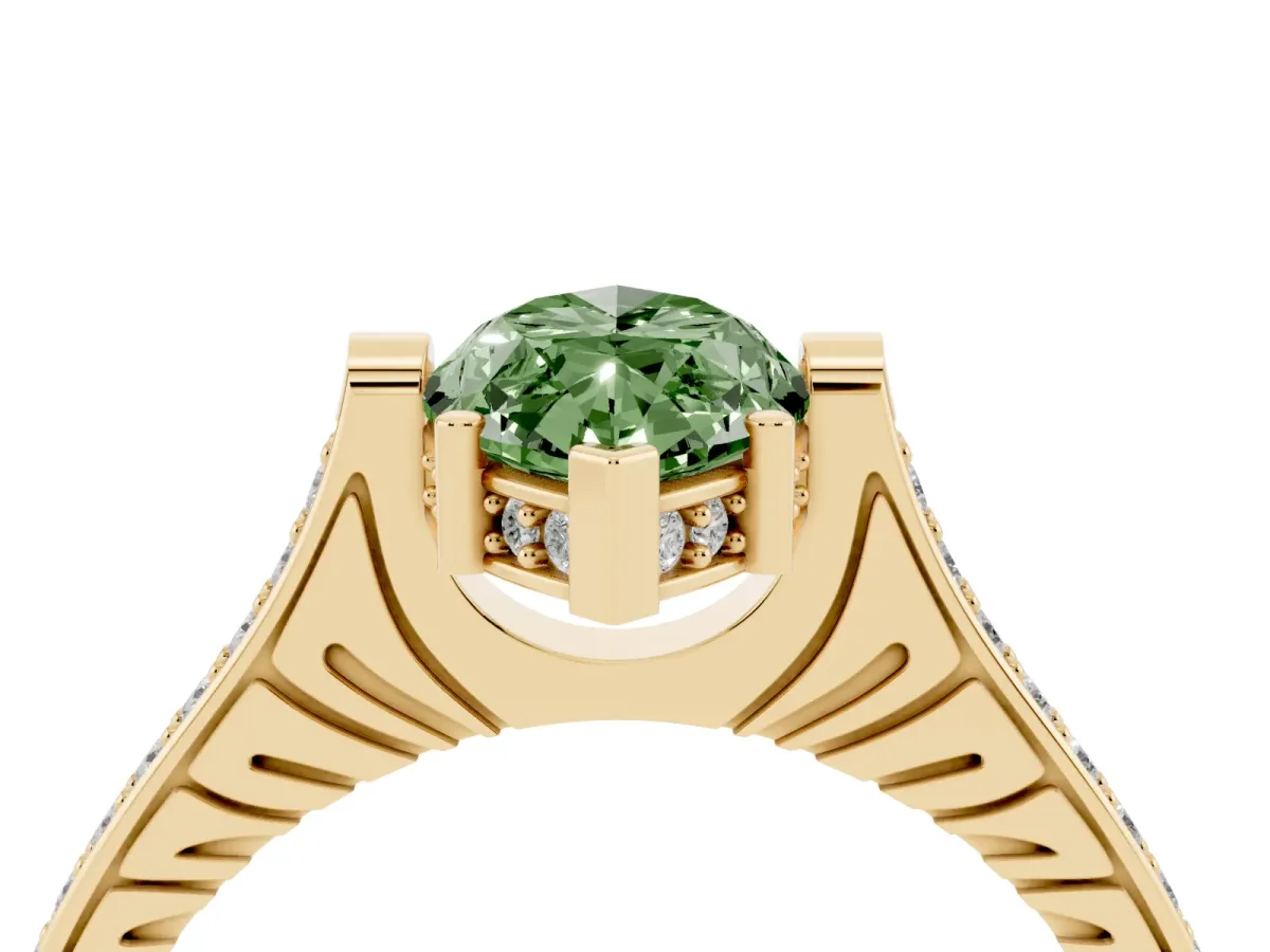 Fancy Green Marquise Cut Solitaire Diamond Ring with Channel Set Band and Bezel Prong Setting Yellow gold