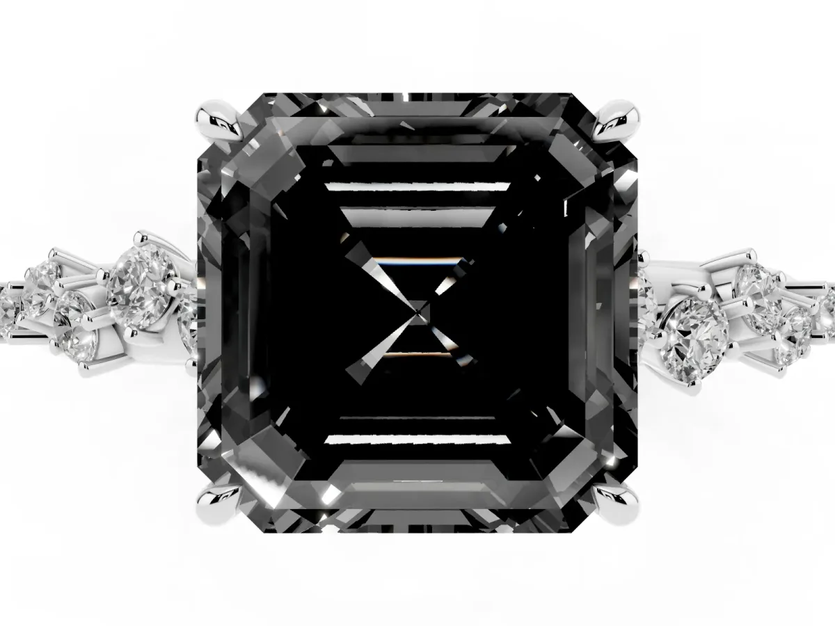 Fancy Black Asscher Cut Diamond Cluster Side Stone Solitaire Ring with Prong Setting Silver