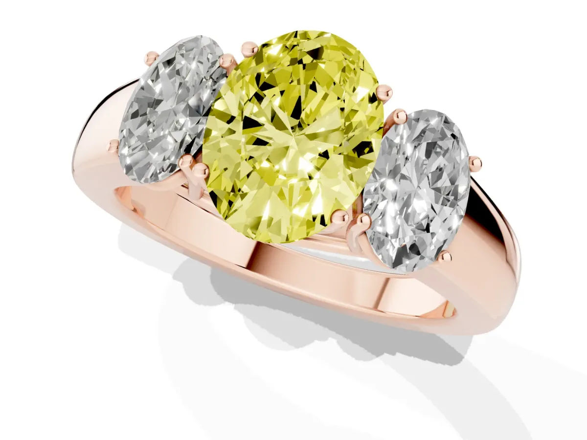 Fancy Yellow Three-Stone Oval Cut Cut Diamond Ring with Prong Setting and Classic Band Rose gold