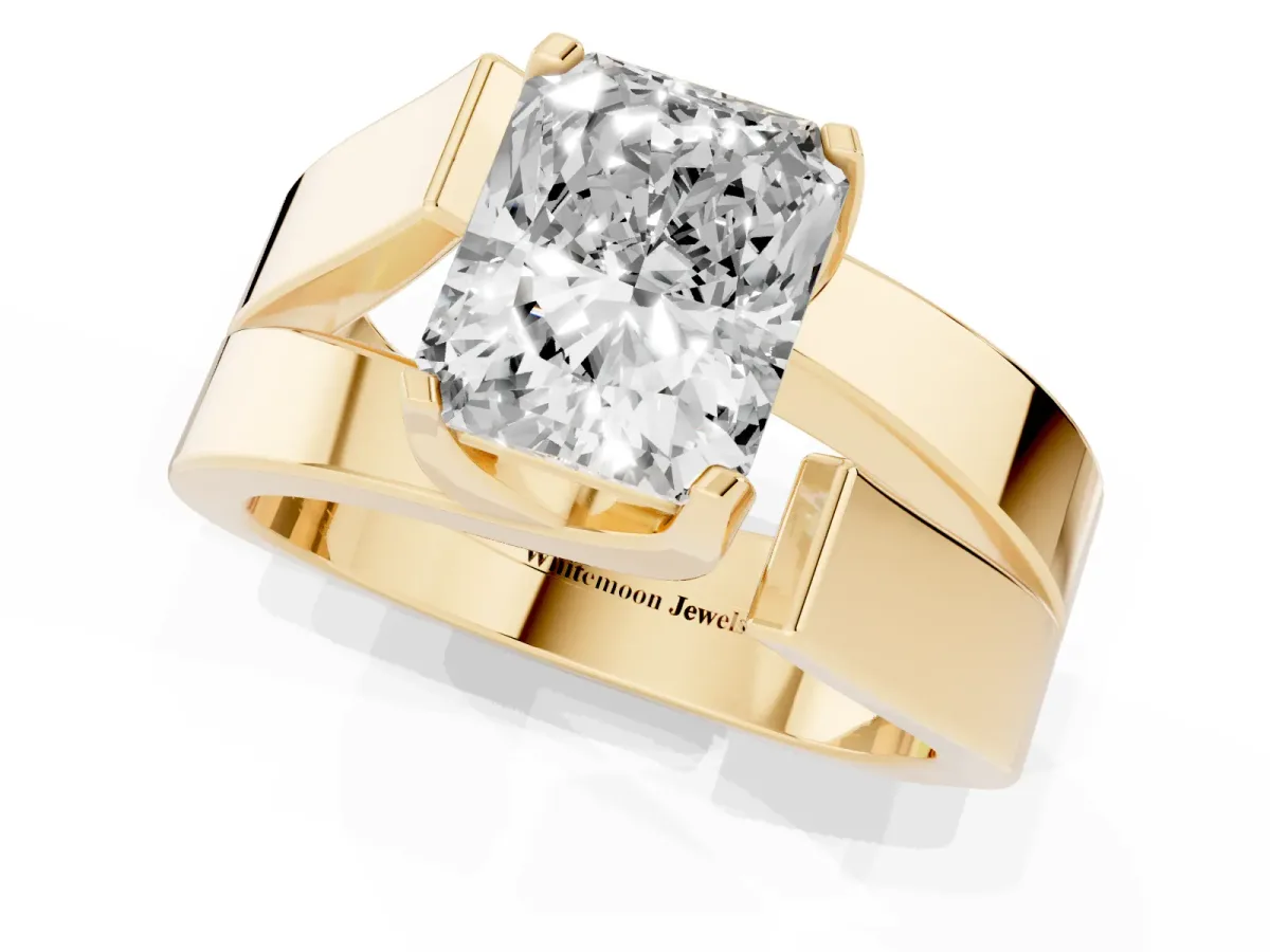 Modern Tension Set Radiant Cut Diamond Solitaire Wide Band Ring Yellow gold