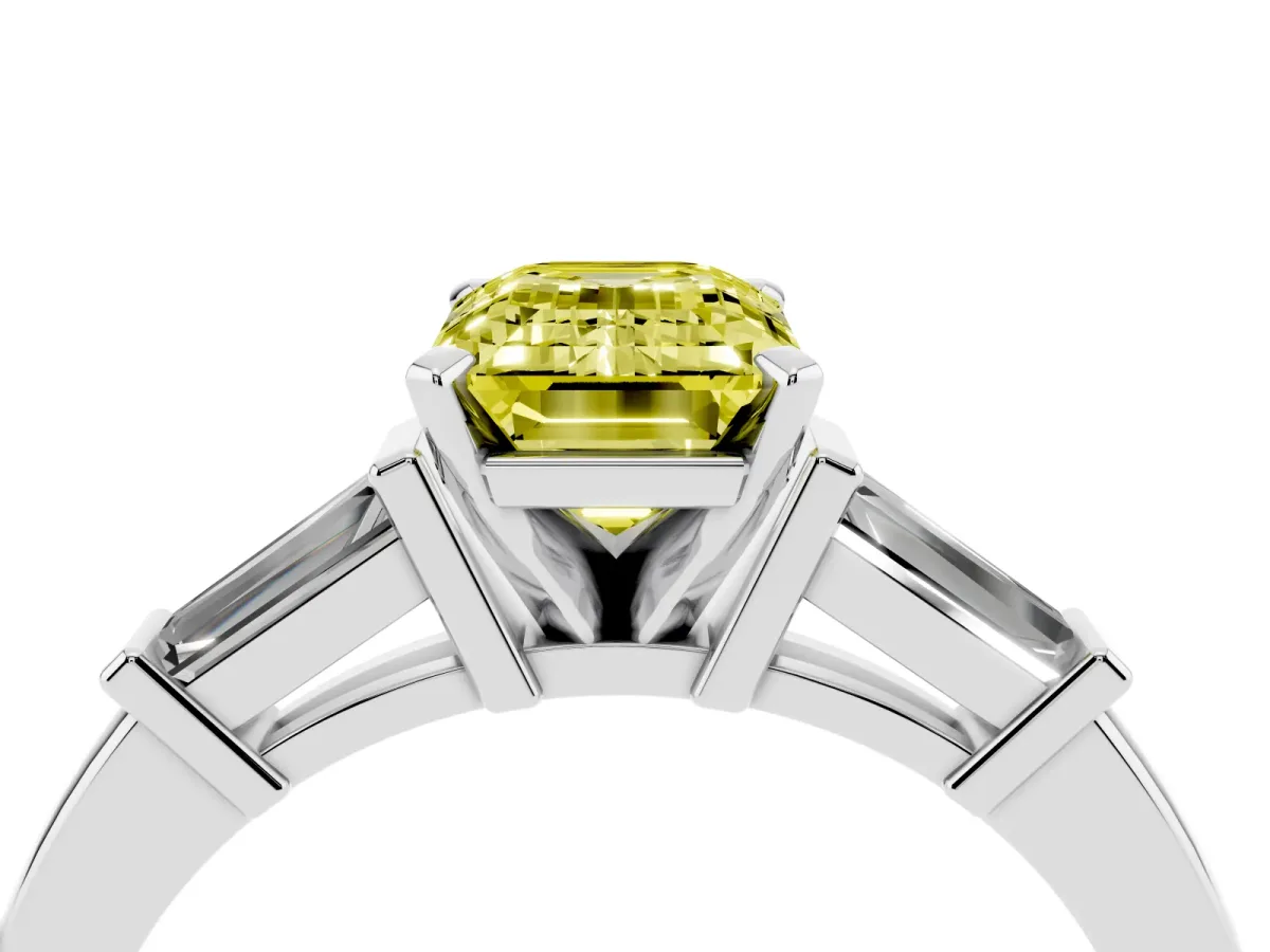 Fancy Yellow Emerald Cut Cut Diamond Solitaire Ring with Tapered Baguette Accents and Four-Prong Setting Silver