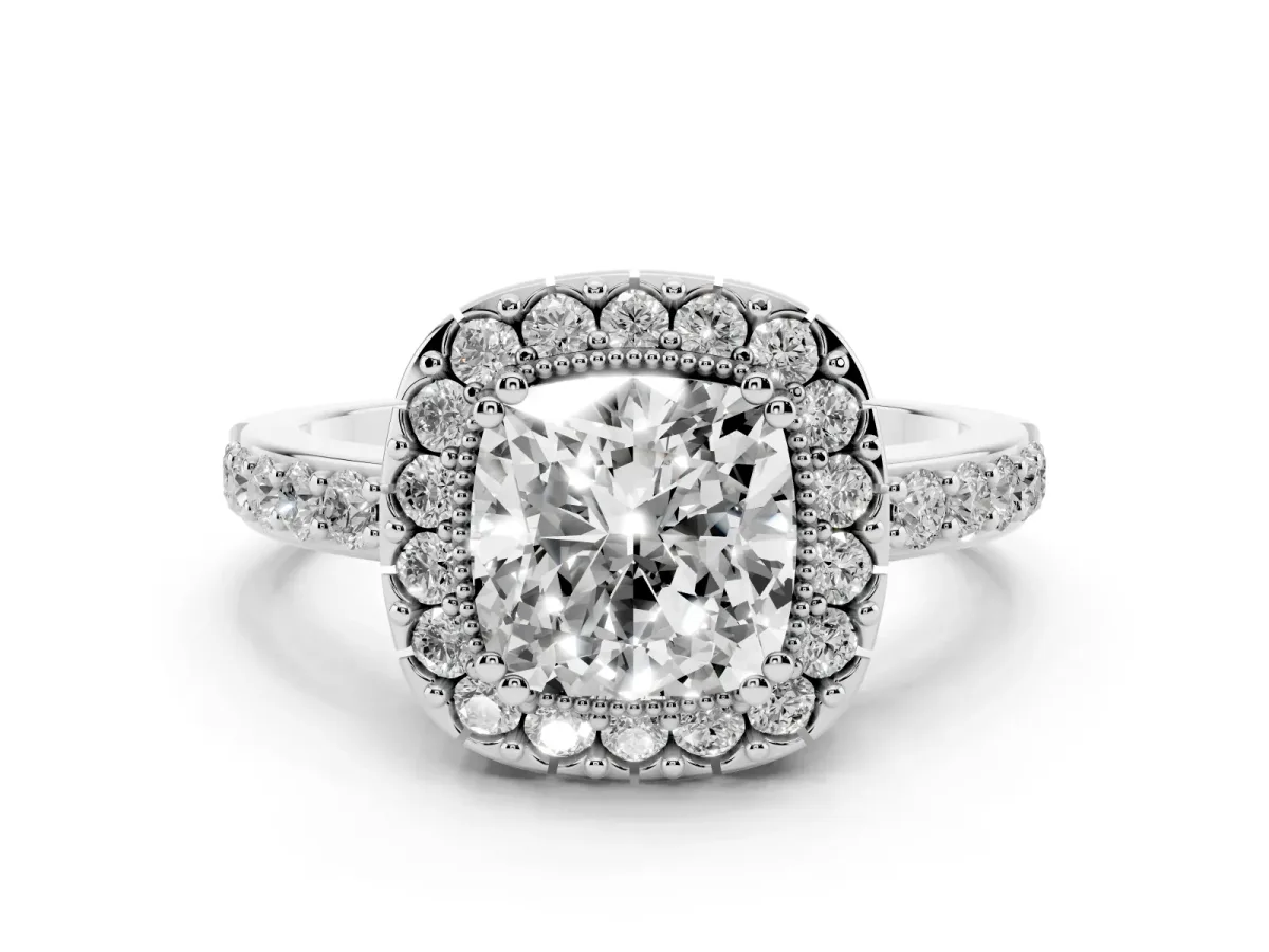Cushion Cut Diamond Halo Ring with Pavé Band and Prong Setting Silver