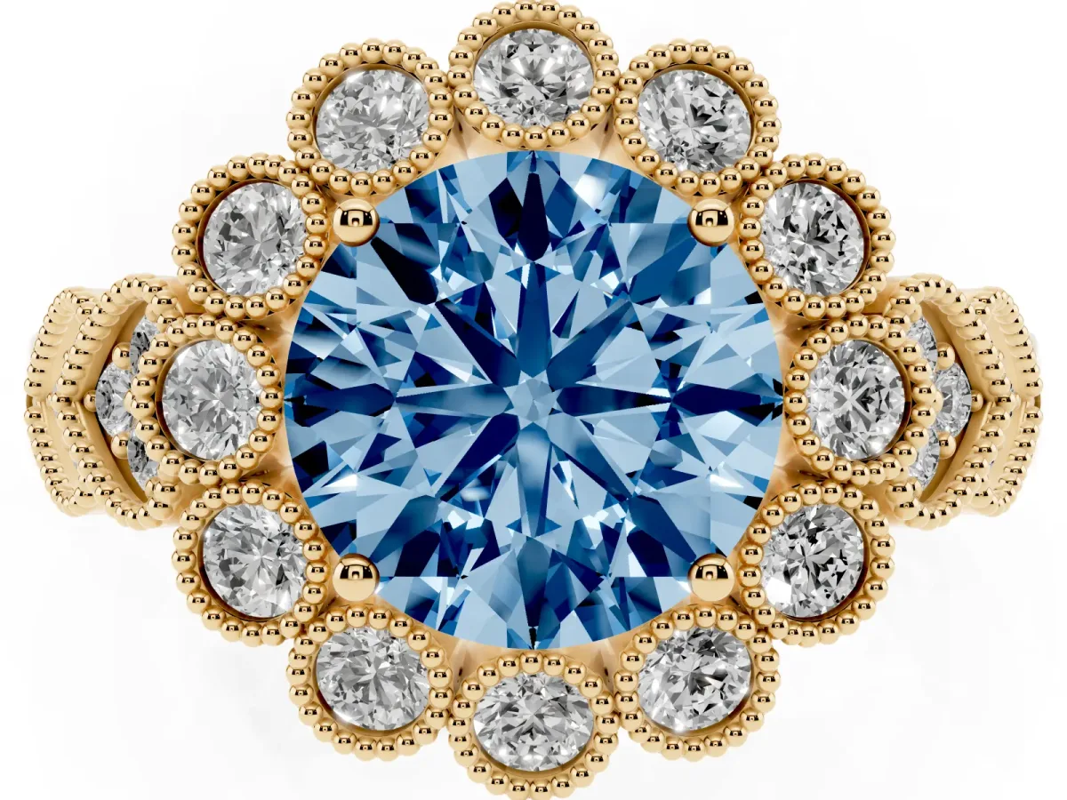 Fancy Blue Round Cut Brilliant Milgrain Pave Heart Band Solitaire Ring Yellow gold